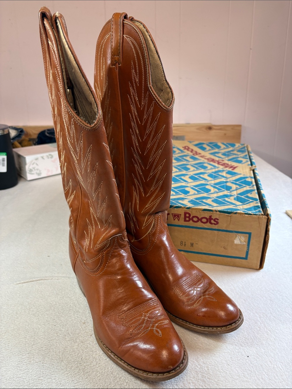Wrangler Cognac Brown Leather Western Heeled Boots